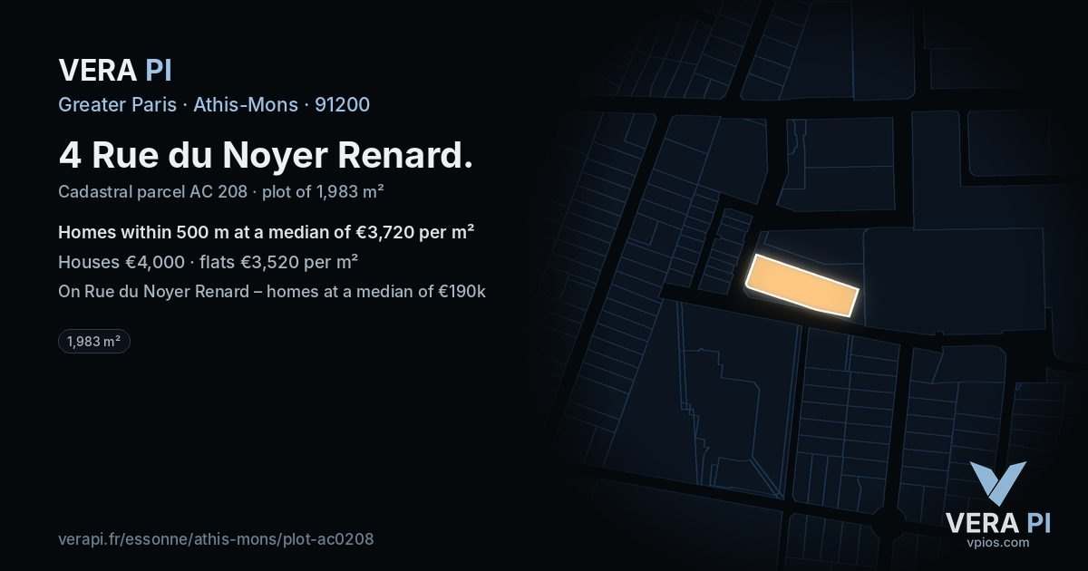 4 Rue du Noyer Renard, Athis-Mons at night – the plot lit, the parcels around coloured by the prices near them