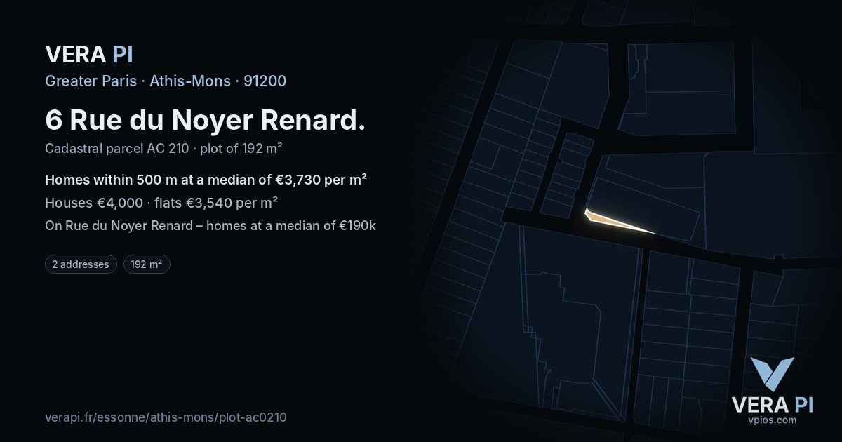 6 Rue du Noyer Renard, Athis-Mons at night – the plot lit, the parcels around coloured by the prices near them
