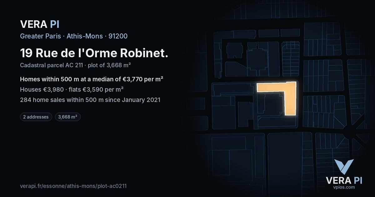 19 Rue de l'Orme Robinet, Athis-Mons at night – the plot lit, the parcels around coloured by the prices near them