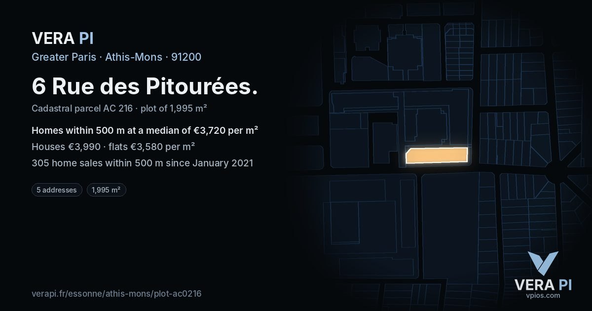 6 Rue des Pitourées, Athis-Mons at night – the plot lit, the parcels around coloured by the prices near them