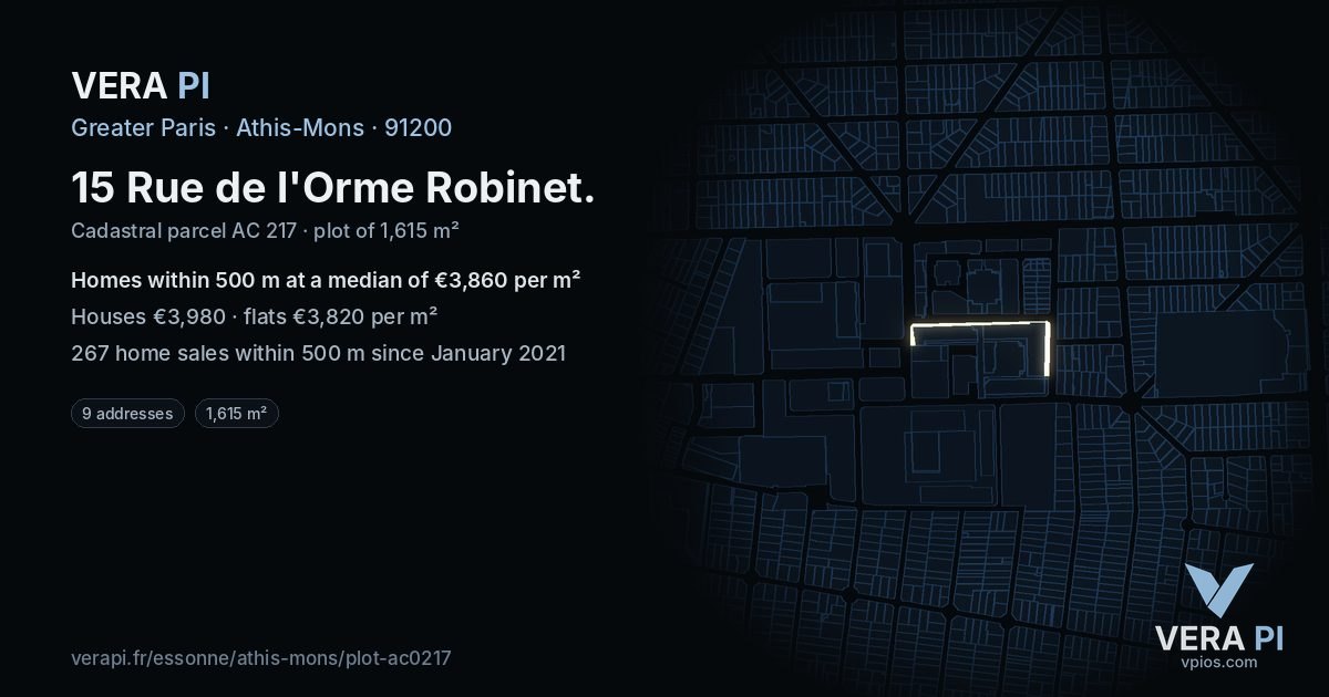 15 Rue de l'Orme Robinet, Athis-Mons at night – the plot lit, the parcels around coloured by the prices near them
