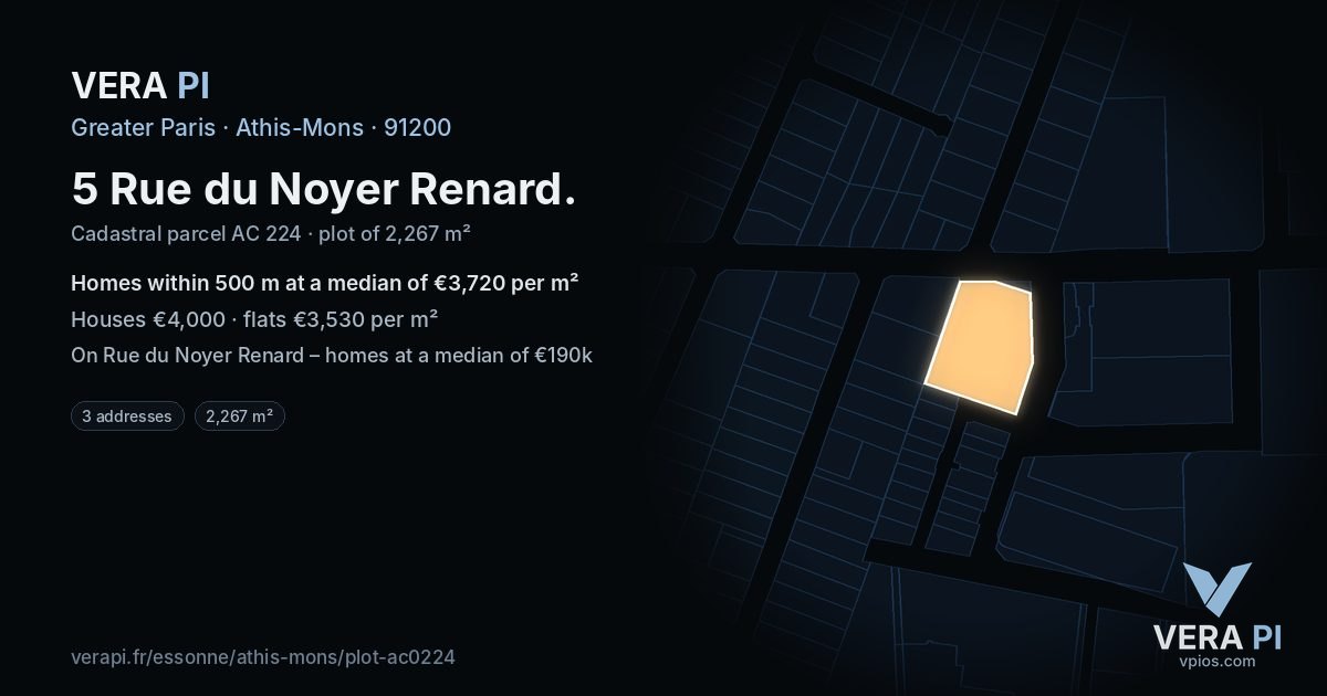 5 Rue du Noyer Renard, Athis-Mons at night – the plot lit, the parcels around coloured by the prices near them