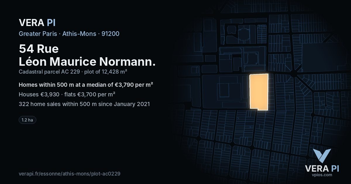 54 Rue Léon Maurice Normann, Athis-Mons at night – the plot lit, the parcels around coloured by the prices near them