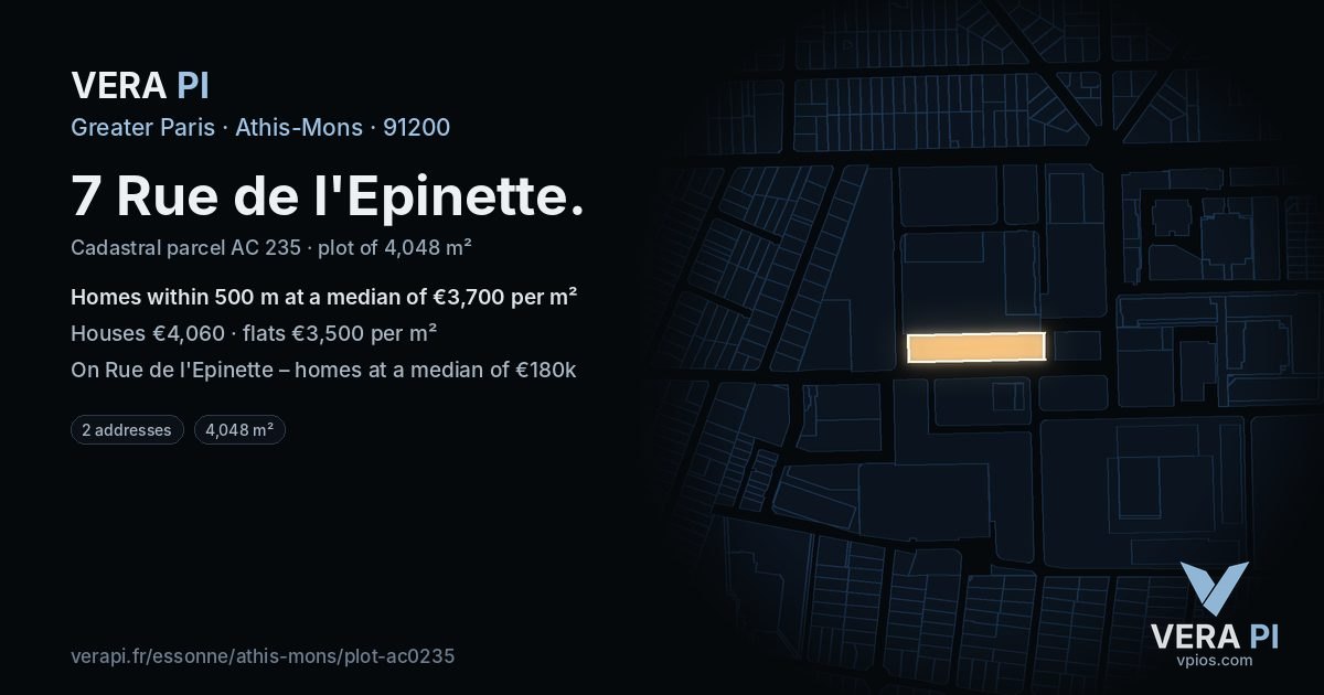 7 Rue de l'Epinette, Athis-Mons at night – the plot lit, the parcels around coloured by the prices near them