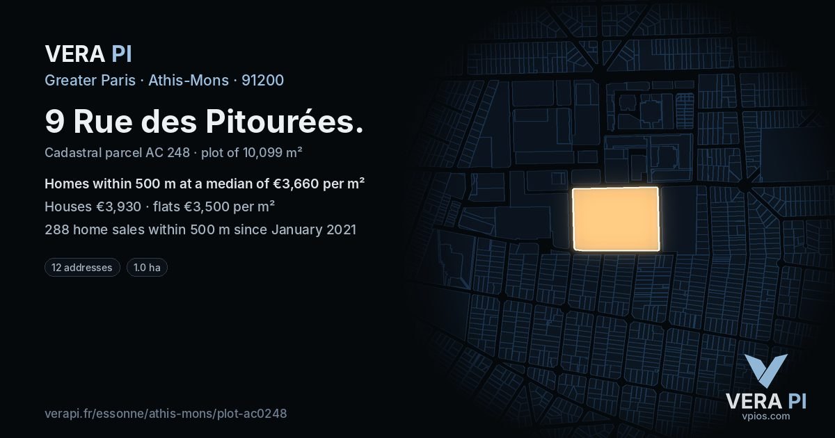 9 Rue des Pitourées, Athis-Mons at night – the plot lit, the parcels around coloured by the prices near them