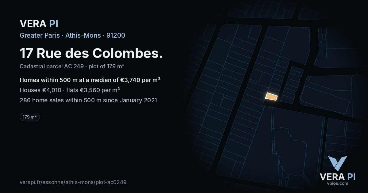 17 Rue des Colombes, Athis-Mons at night – the plot lit, the parcels around coloured by the prices near them
