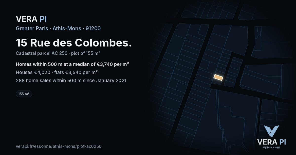 15 Rue des Colombes, Athis-Mons at night – the plot lit, the parcels around coloured by the prices near them