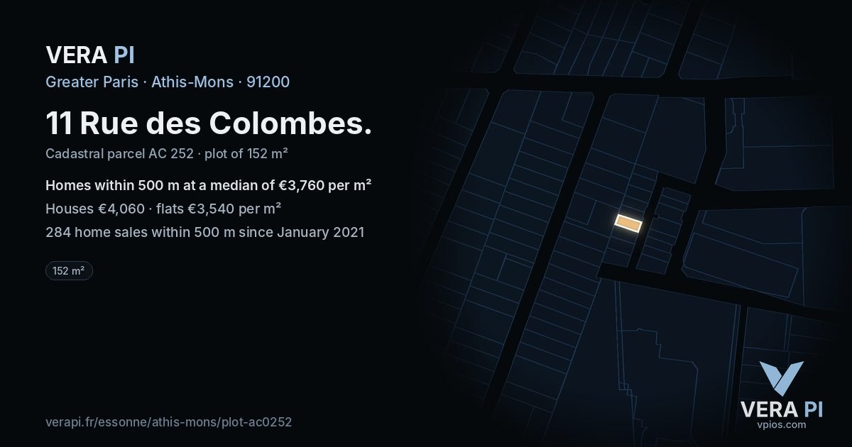 11 Rue des Colombes, Athis-Mons at night – the plot lit, the parcels around coloured by the prices near them