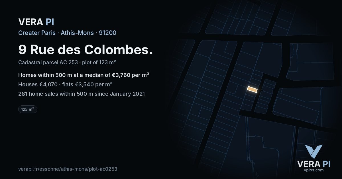9 Rue des Colombes, Athis-Mons at night – the plot lit, the parcels around coloured by the prices near them