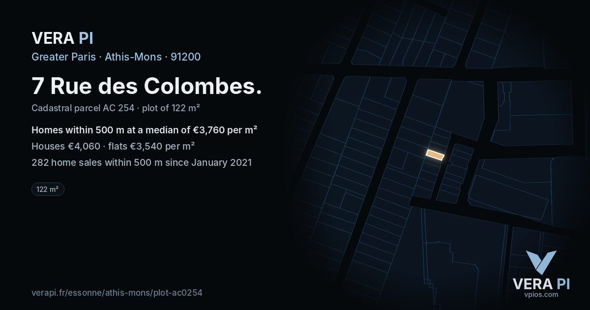 7 Rue des Colombes, Athis-Mons at night – the plot lit, the parcels around coloured by the prices near them