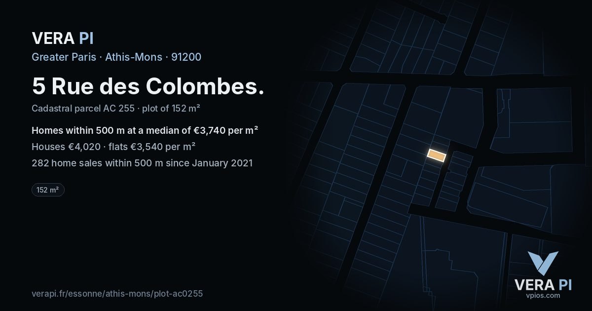 5 Rue des Colombes, Athis-Mons at night – the plot lit, the parcels around coloured by the prices near them