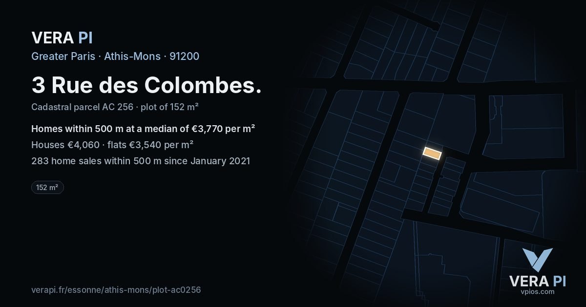 3 Rue des Colombes, Athis-Mons at night – the plot lit, the parcels around coloured by the prices near them