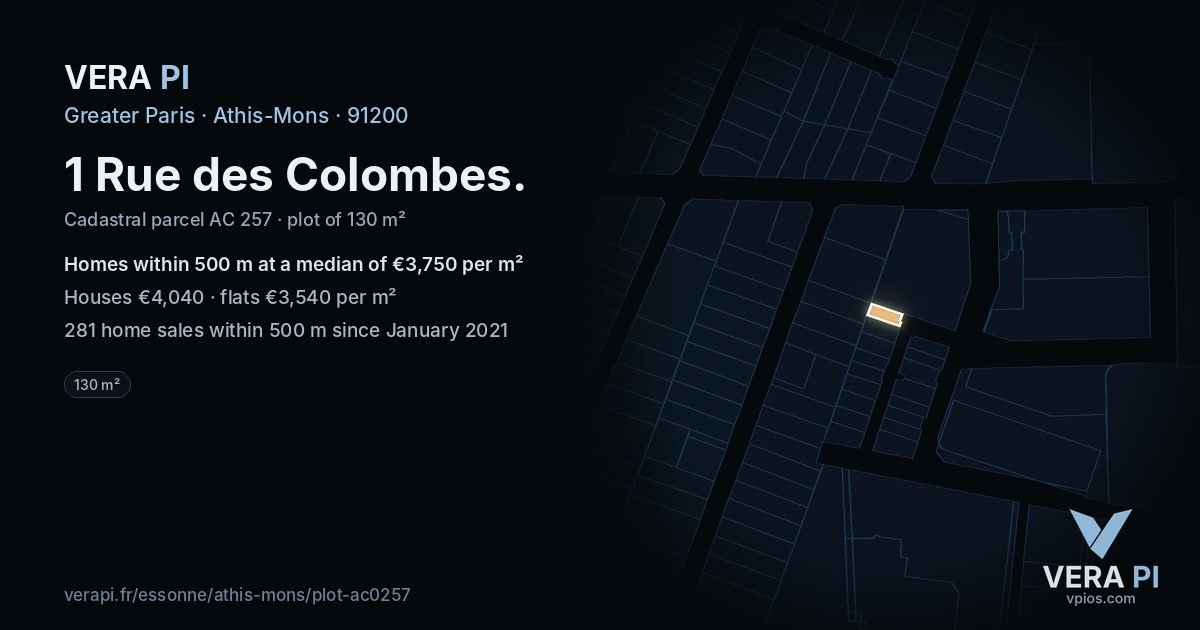 1 Rue des Colombes, Athis-Mons at night – the plot lit, the parcels around coloured by the prices near them