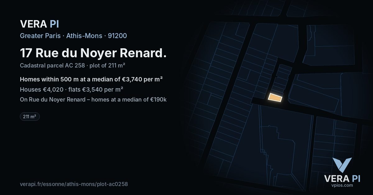17 Rue du Noyer Renard, Athis-Mons at night – the plot lit, the parcels around coloured by the prices near them