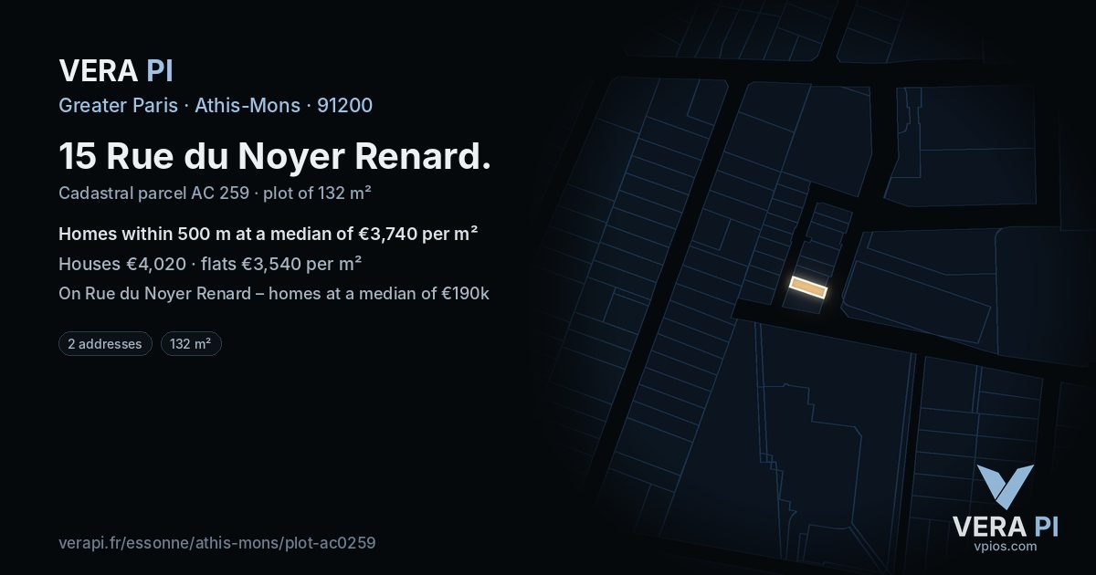 15 Rue du Noyer Renard, Athis-Mons at night – the plot lit, the parcels around coloured by the prices near them