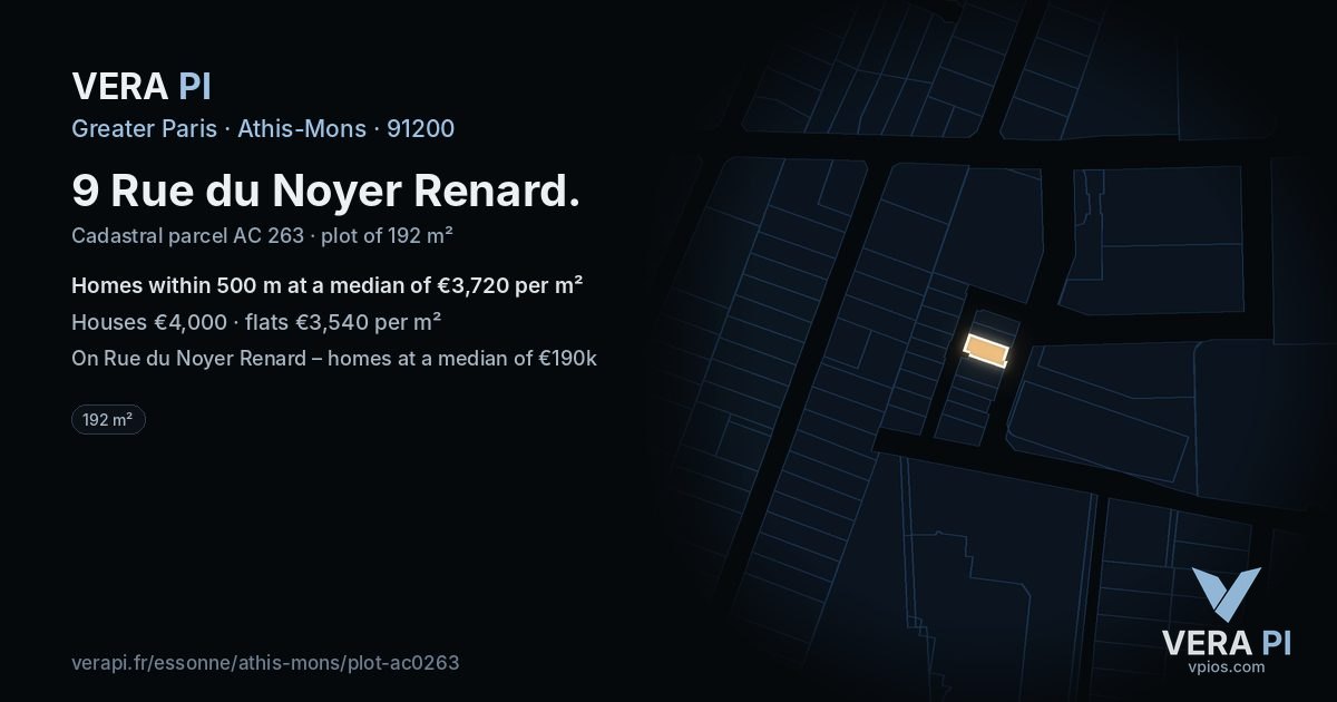 9 Rue du Noyer Renard, Athis-Mons at night – the plot lit, the parcels around coloured by the prices near them