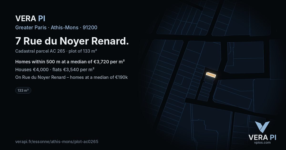 7 Rue du Noyer Renard, Athis-Mons at night – the plot lit, the parcels around coloured by the prices near them