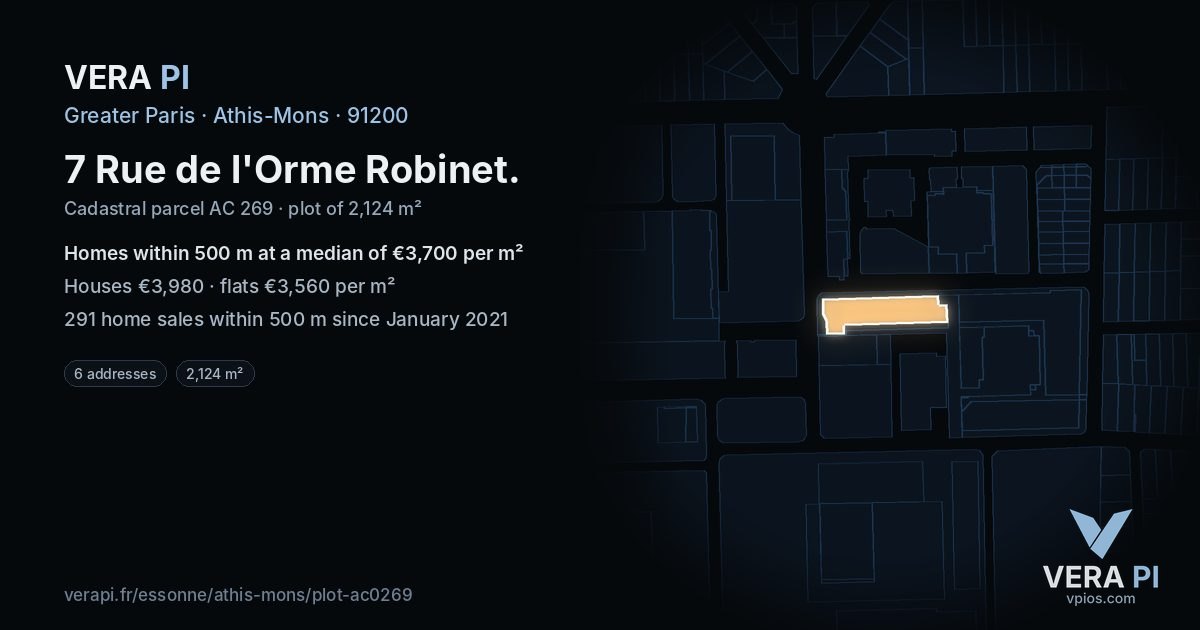 7 Rue de l'Orme Robinet, Athis-Mons at night – the plot lit, the parcels around coloured by the prices near them