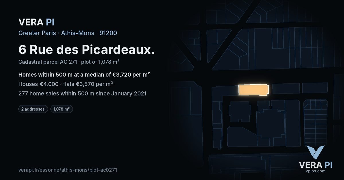 6 Rue des Picardeaux, Athis-Mons at night – the plot lit, the parcels around coloured by the prices near them