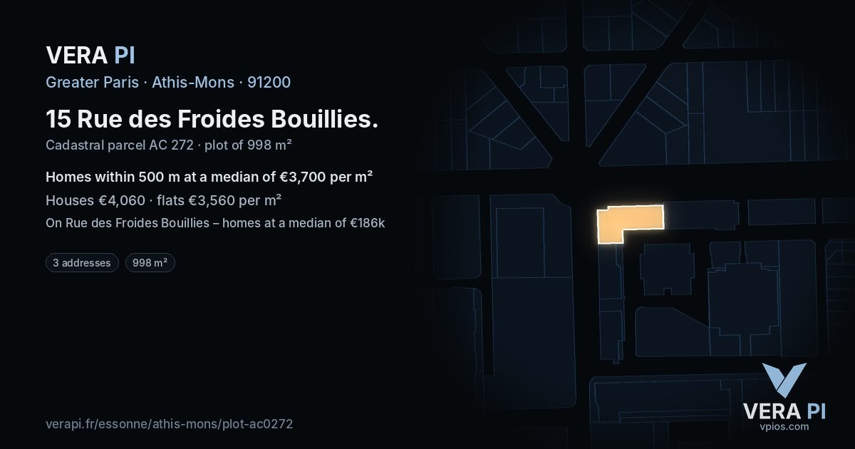 15 Rue des Froides Bouillies, Athis-Mons at night – the plot lit, the parcels around coloured by the prices near them