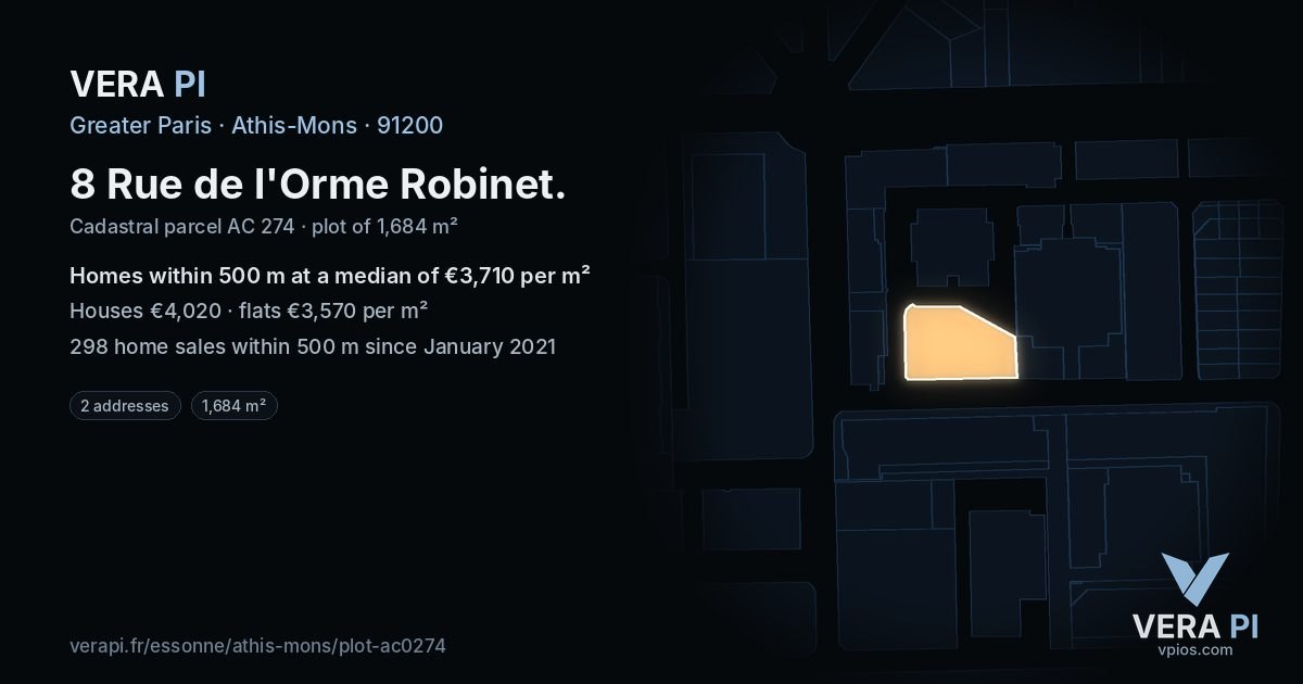 8 Rue de l'Orme Robinet, Athis-Mons at night – the plot lit, the parcels around coloured by the prices near them