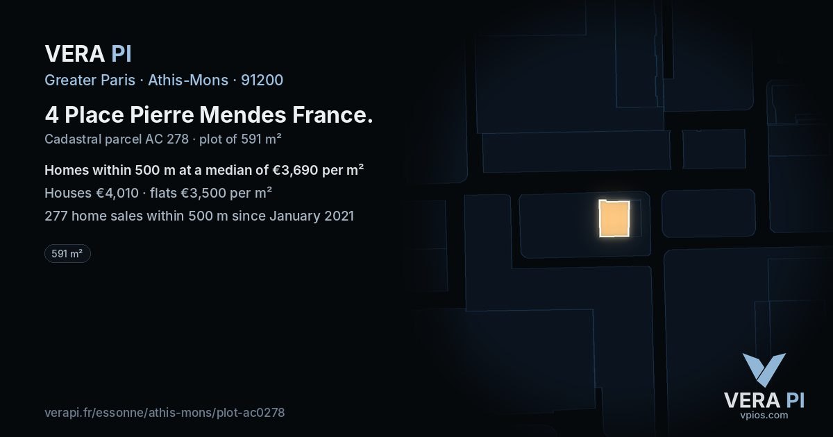 4 Place Pierre Mendes France, Athis-Mons at night – the plot lit, the parcels around coloured by the prices near them
