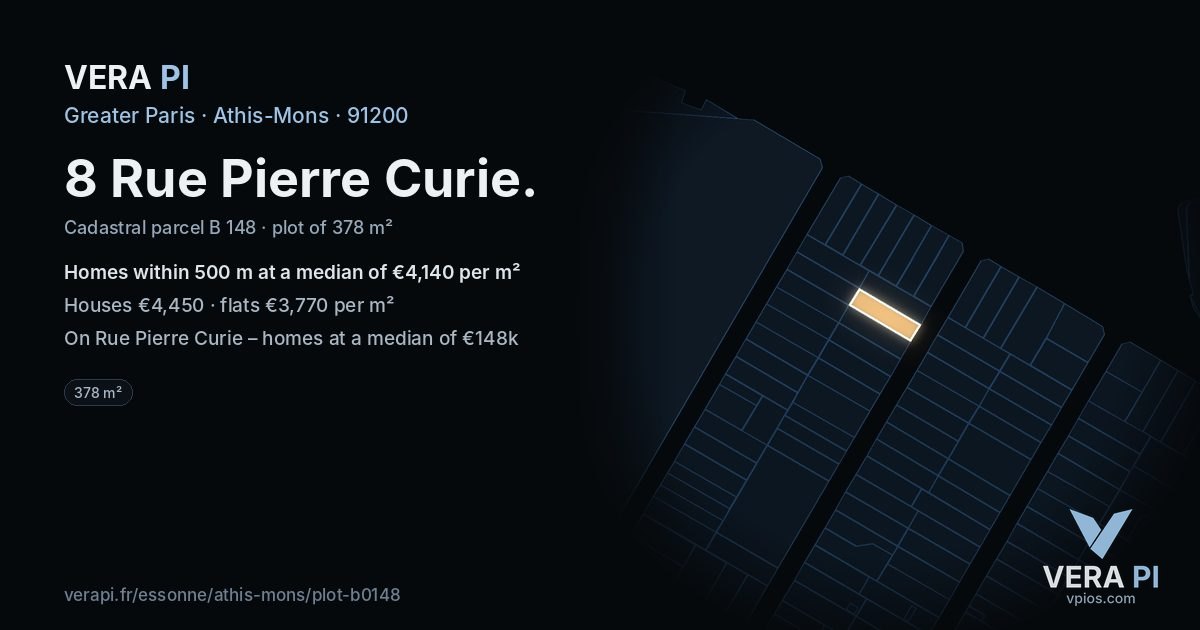 8 Rue Pierre Curie, Athis-Mons at night – the plot lit, the parcels around coloured by the prices near them