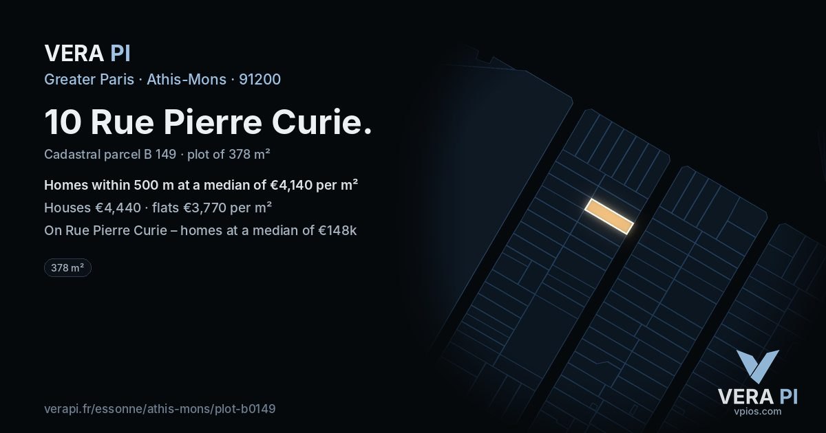 10 Rue Pierre Curie, Athis-Mons at night – the plot lit, the parcels around coloured by the prices near them