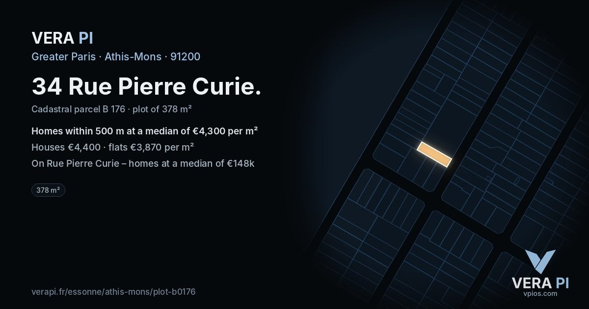 34 Rue Pierre Curie, Athis-Mons at night – the plot lit, the parcels around coloured by the prices near them