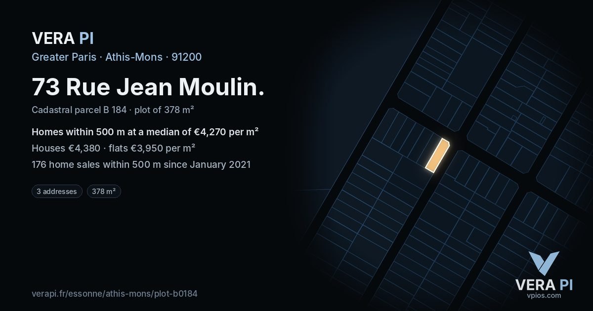 73 Rue Jean Moulin, Athis-Mons at night – the plot lit, the parcels around coloured by the prices near them