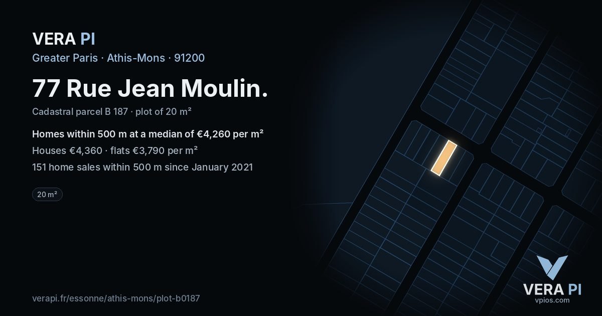 77 Rue Jean Moulin, Athis-Mons at night – the plot lit, the parcels around coloured by the prices near them