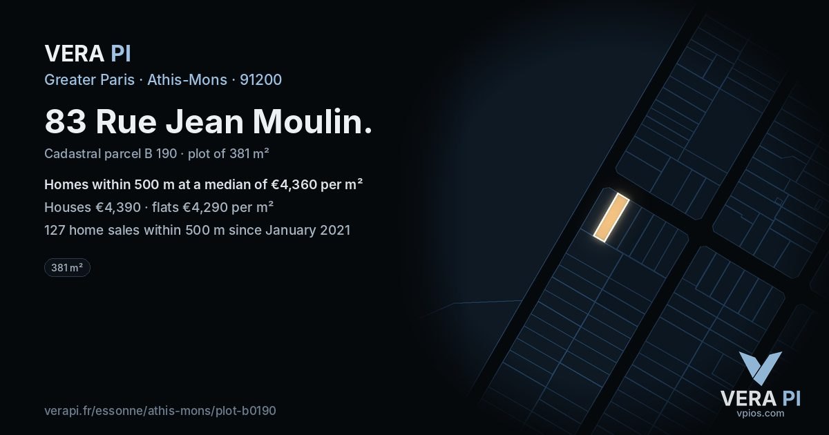 83 Rue Jean Moulin, Athis-Mons at night – the plot lit, the parcels around coloured by the prices near them