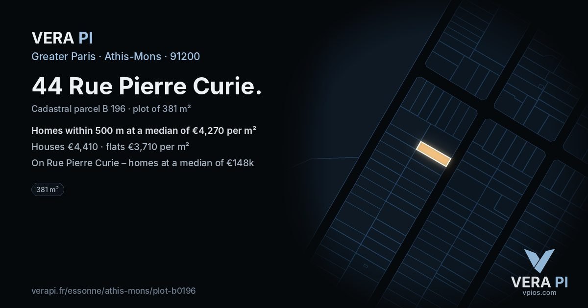 44 Rue Pierre Curie, Athis-Mons at night – the plot lit, the parcels around coloured by the prices near them
