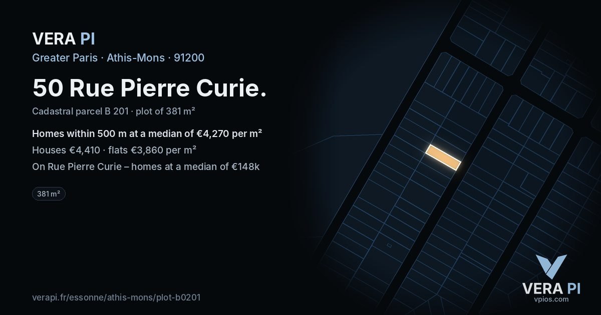 50 Rue Pierre Curie, Athis-Mons at night – the plot lit, the parcels around coloured by the prices near them