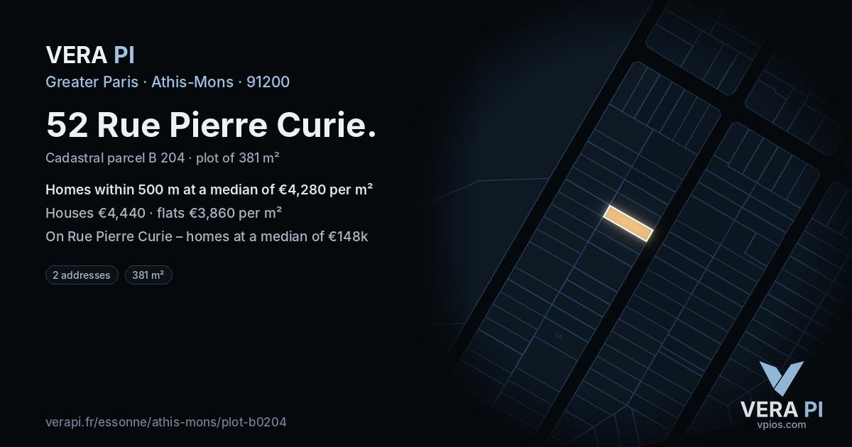 52 Rue Pierre Curie, Athis-Mons at night – the plot lit, the parcels around coloured by the prices near them