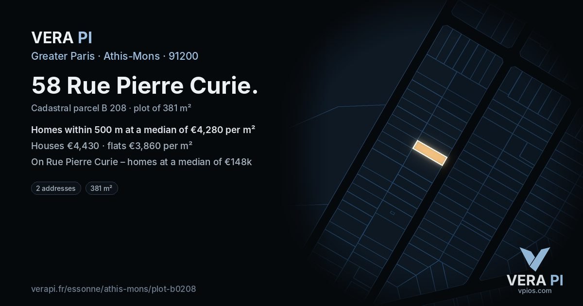 58 Rue Pierre Curie, Athis-Mons at night – the plot lit, the parcels around coloured by the prices near them