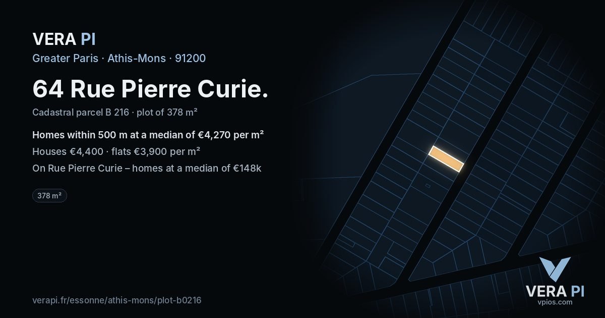 64 Rue Pierre Curie, Athis-Mons at night – the plot lit, the parcels around coloured by the prices near them