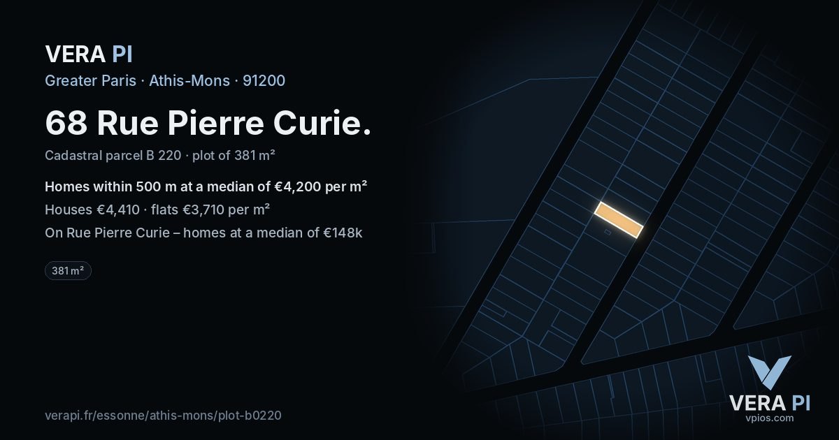 68 Rue Pierre Curie, Athis-Mons at night – the plot lit, the parcels around coloured by the prices near them