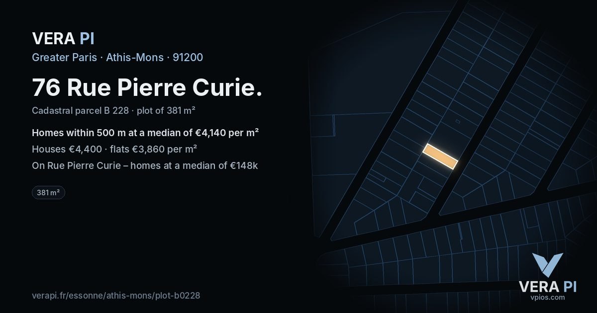 76 Rue Pierre Curie, Athis-Mons at night – the plot lit, the parcels around coloured by the prices near them