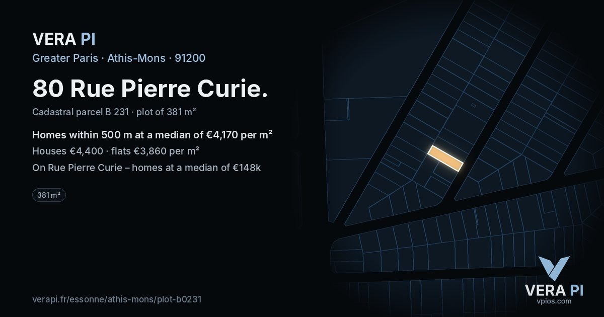 80 Rue Pierre Curie, Athis-Mons at night – the plot lit, the parcels around coloured by the prices near them