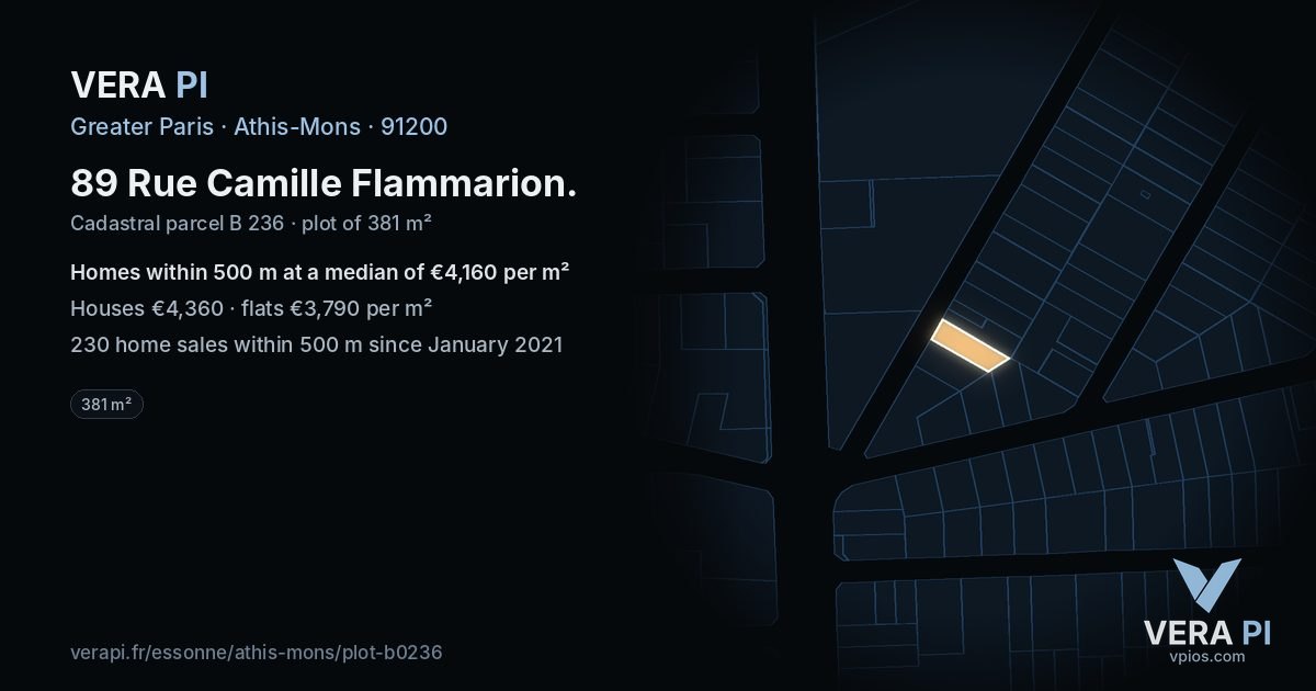 89 Rue Camille Flammarion, Athis-Mons at night – the plot lit, the parcels around coloured by the prices near them