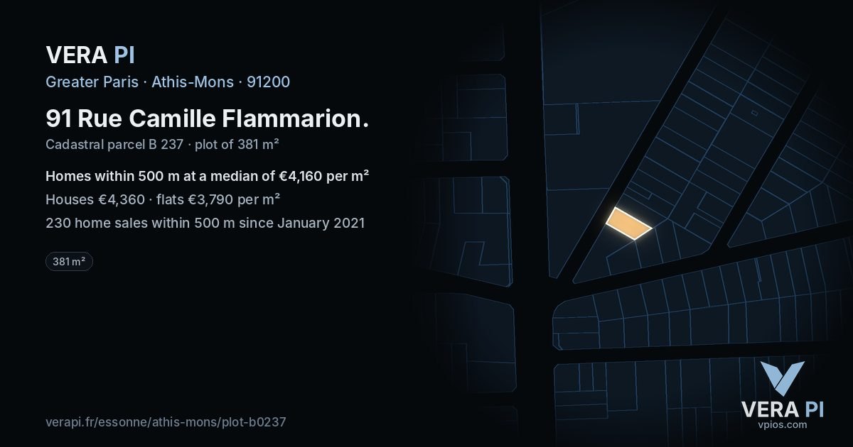 91 Rue Camille Flammarion, Athis-Mons at night – the plot lit, the parcels around coloured by the prices near them
