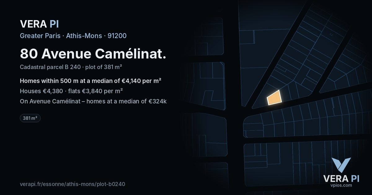 80 Avenue Camélinat, Athis-Mons at night – the plot lit, the parcels around coloured by the prices near them
