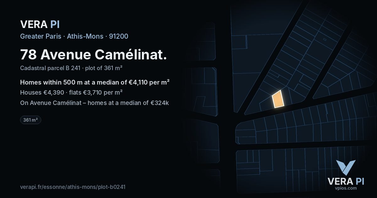 78 Avenue Camélinat, Athis-Mons at night – the plot lit, the parcels around coloured by the prices near them