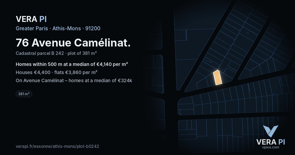 76 Avenue Camélinat, Athis-Mons at night – the plot lit, the parcels around coloured by the prices near them