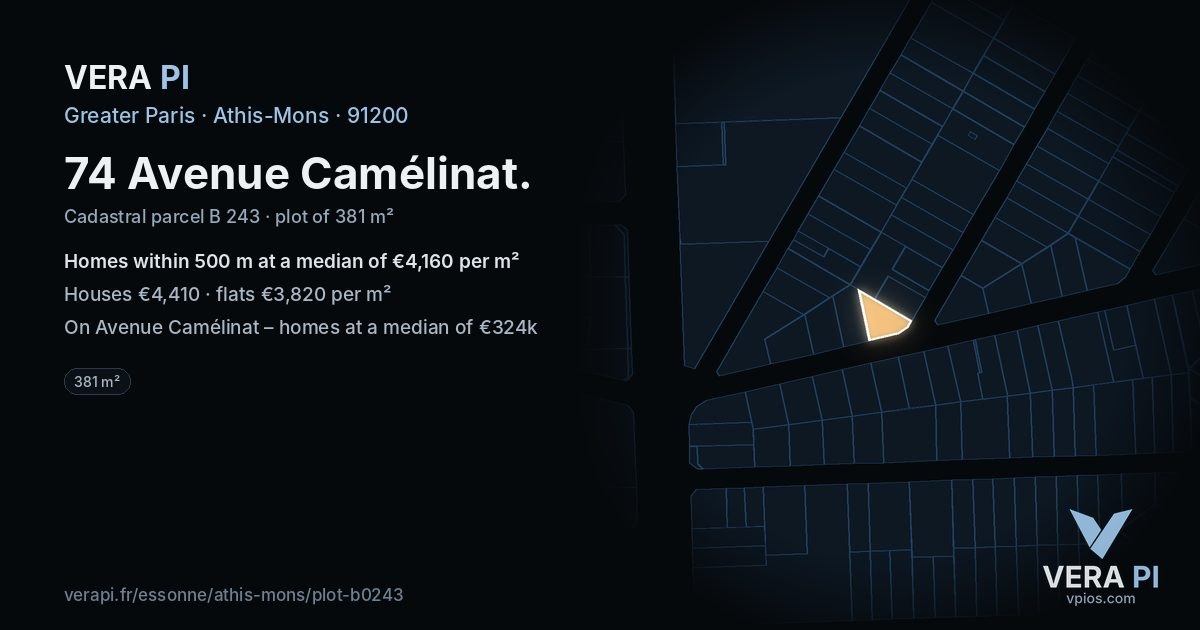 74 Avenue Camélinat, Athis-Mons at night – the plot lit, the parcels around coloured by the prices near them