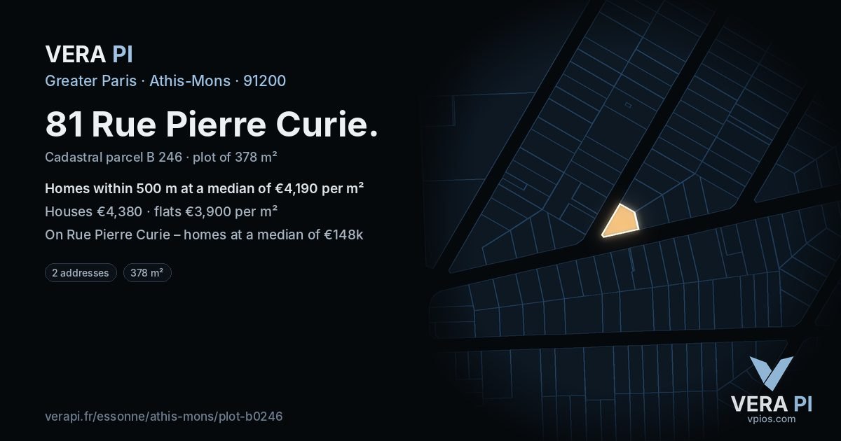 81 Rue Pierre Curie, Athis-Mons at night – the plot lit, the parcels around coloured by the prices near them
