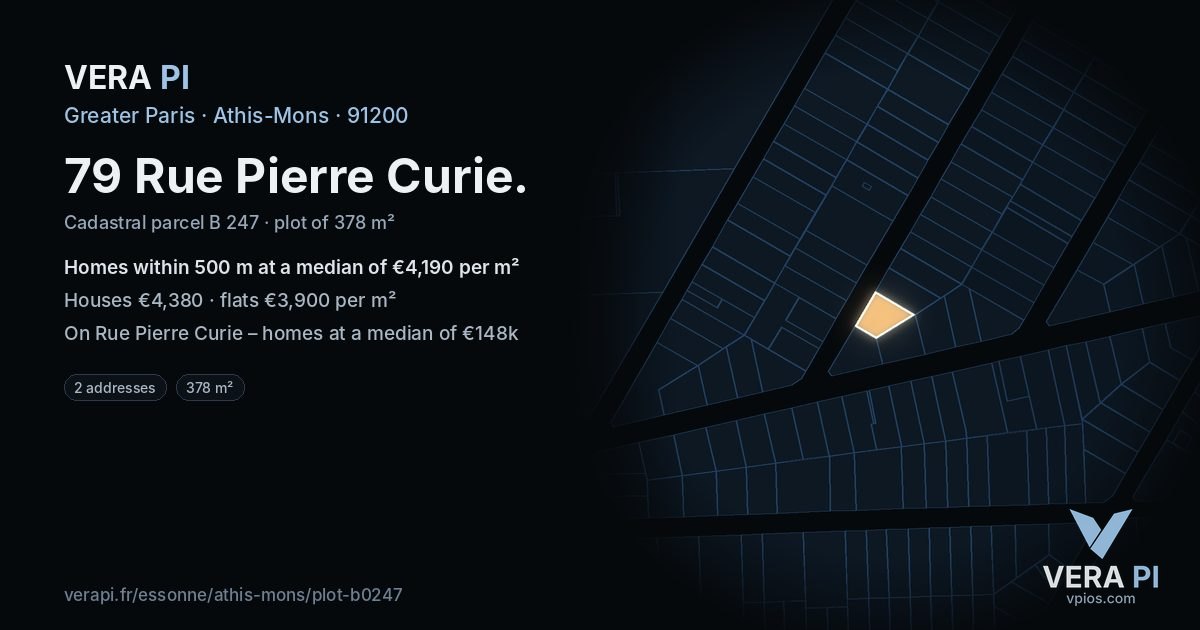 79 Rue Pierre Curie, Athis-Mons at night – the plot lit, the parcels around coloured by the prices near them