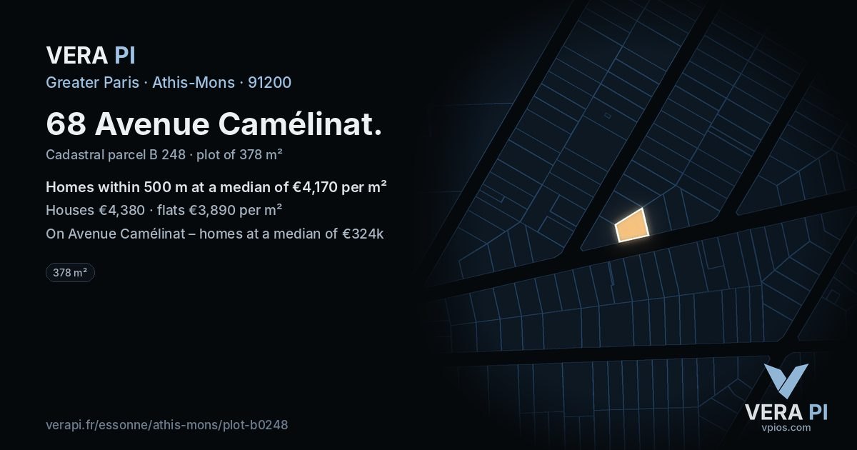 68 Avenue Camélinat, Athis-Mons at night – the plot lit, the parcels around coloured by the prices near them