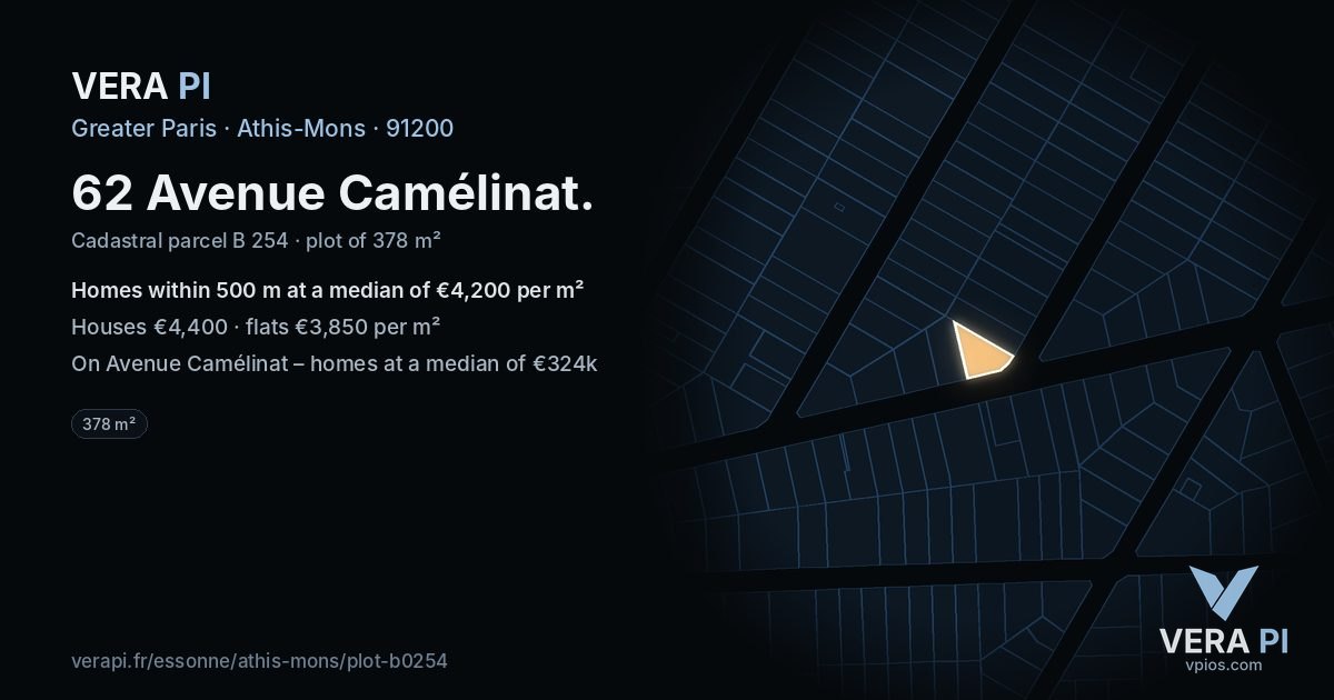 62 Avenue Camélinat, Athis-Mons at night – the plot lit, the parcels around coloured by the prices near them